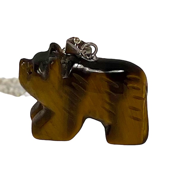 Bear tigers eye glossy metallic charm carved pendant necklace on silver chain - Picture 3 of 16